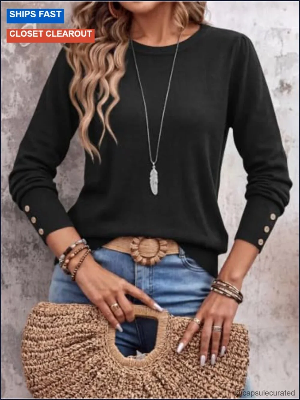 Lightweight Knit Pullover Sweater, Puff Sleeve, Crewneck Button Cuff, Business